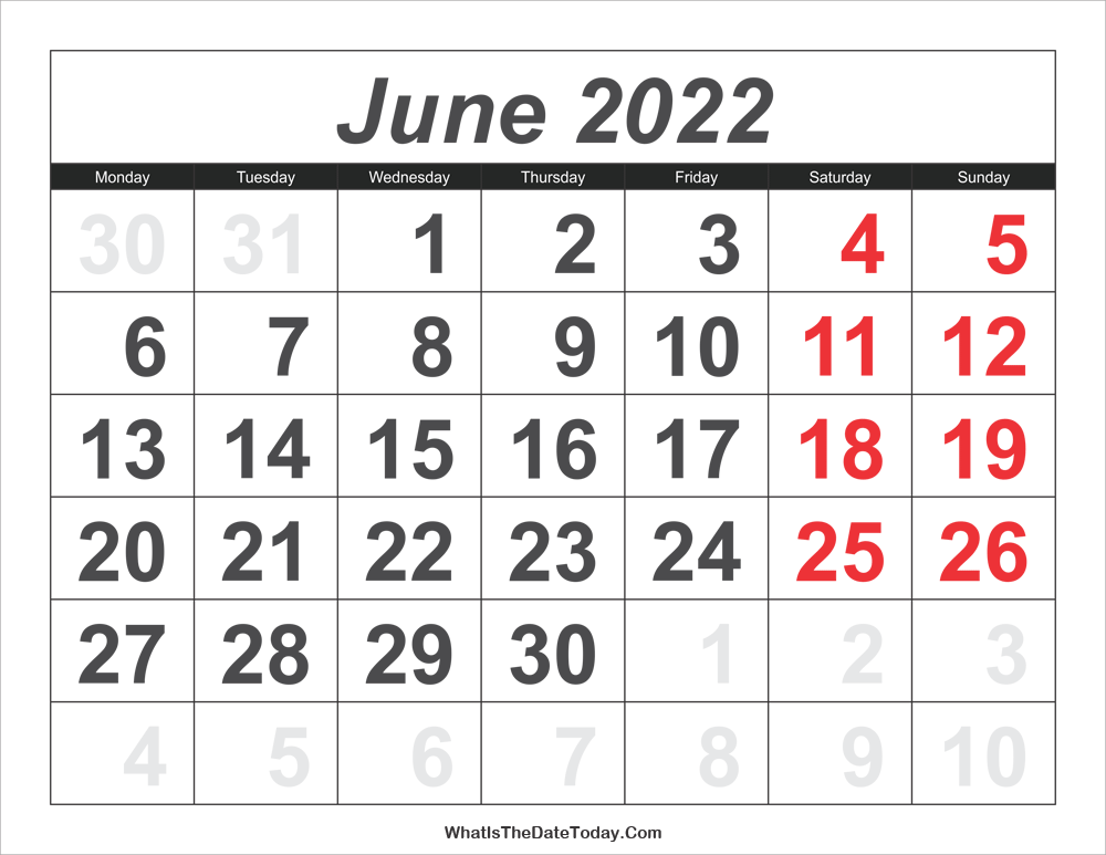 2022 calendar june with large numbers