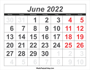 2022 calendar june with large numbers