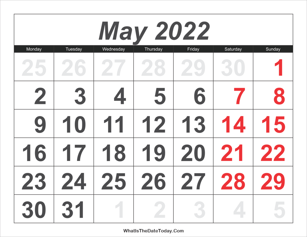 Large May 2022 Calendar 2022 Calendar May With Large Numbers | Whatisthedatetoday.com