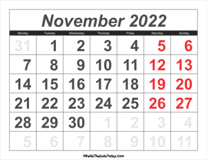 2022 calendar november with large numbers