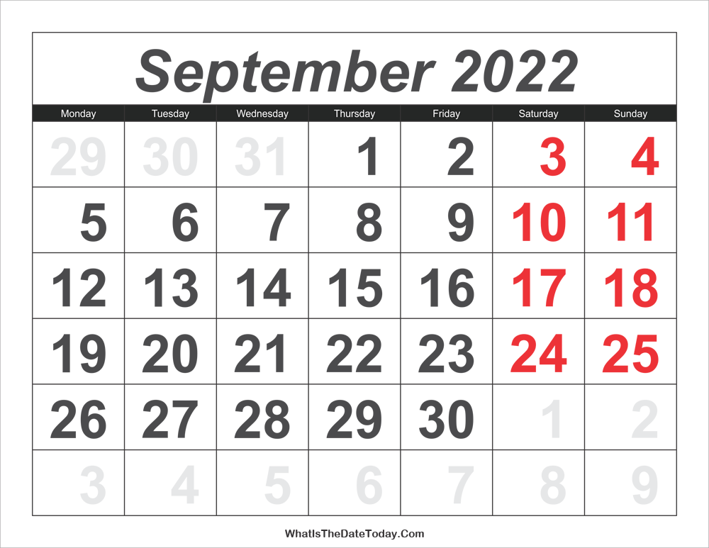 2022 calendar september with large numbers