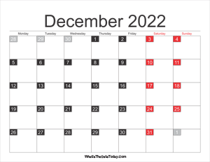 2022 december calendar printable