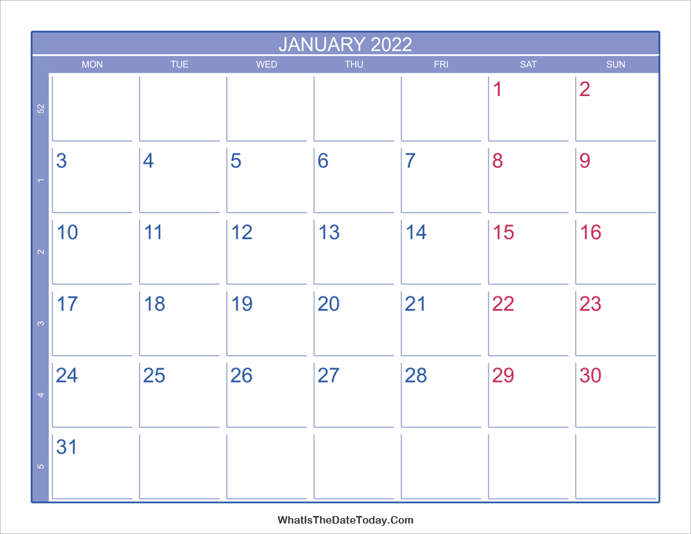 2022 january calendar with week numbers