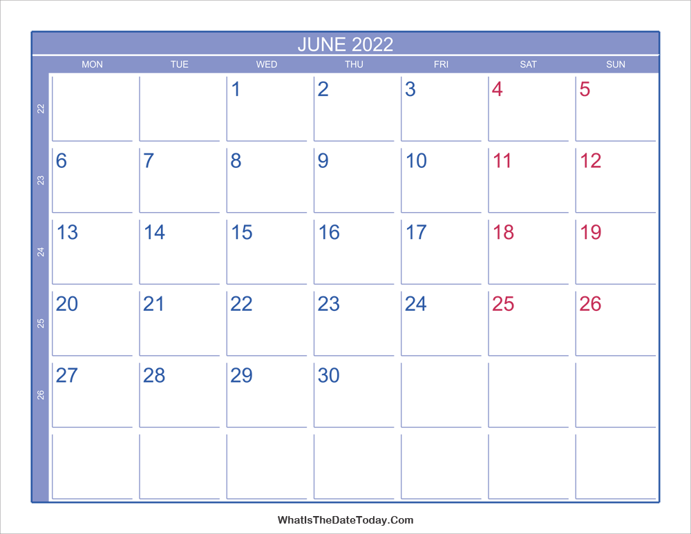 2022 june calendar with week numbers