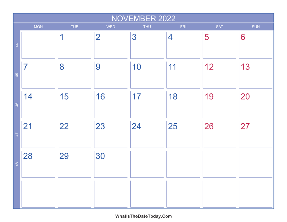 2022 november calendar with week numbers