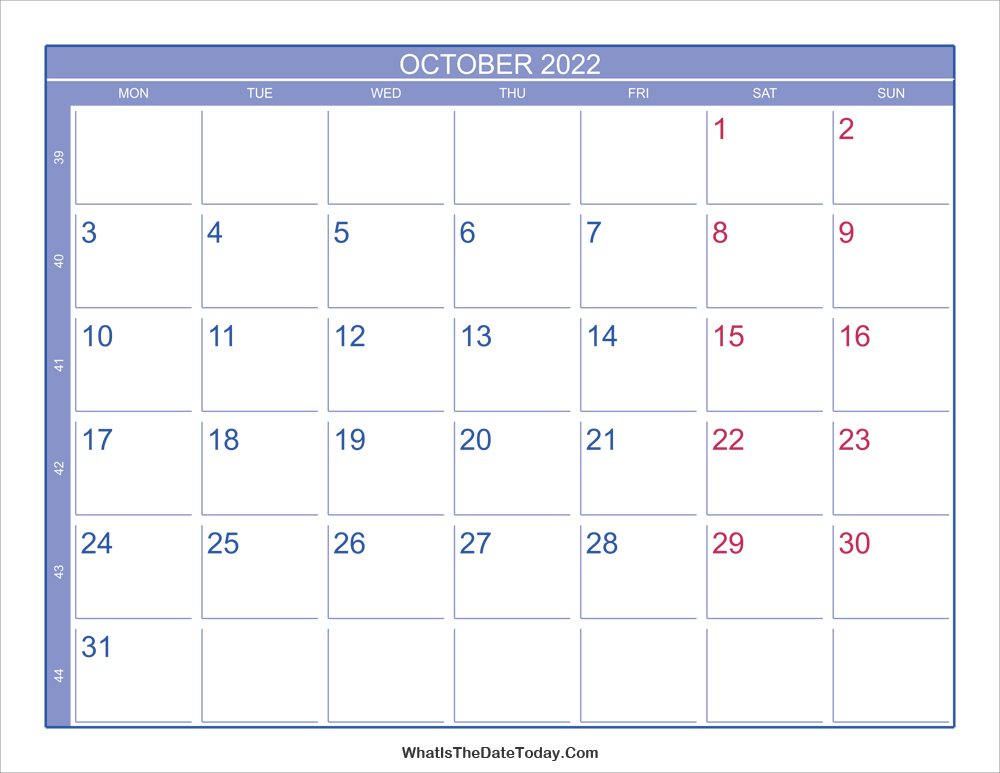 2022 october calendar with week numbers