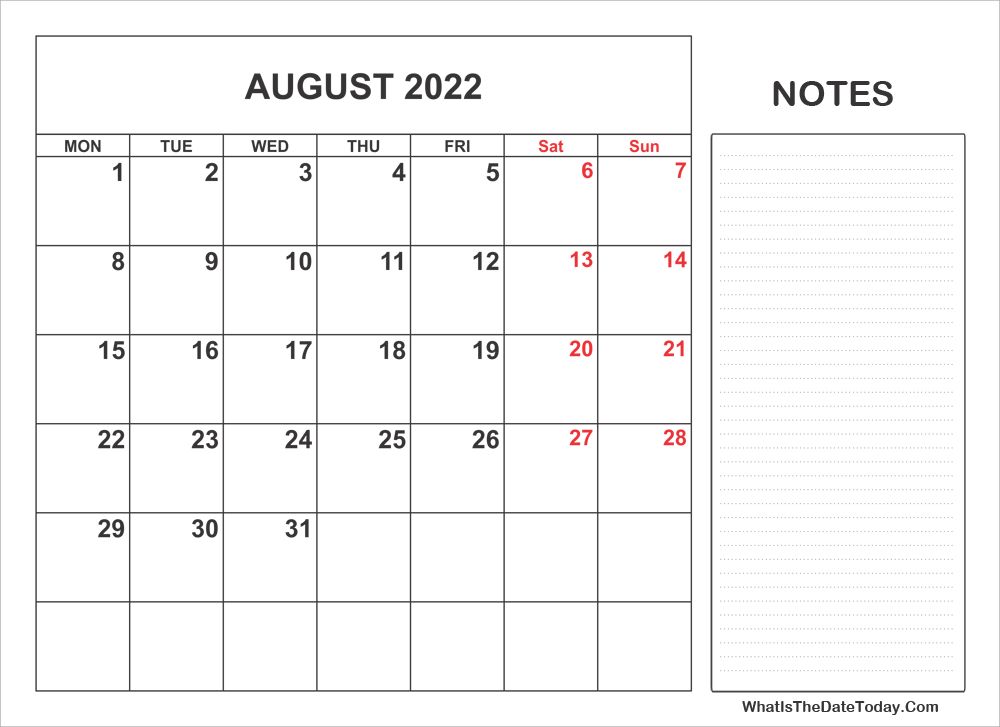 2022 printable august calendar with notes