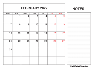 2022 printable february calendar with notes
