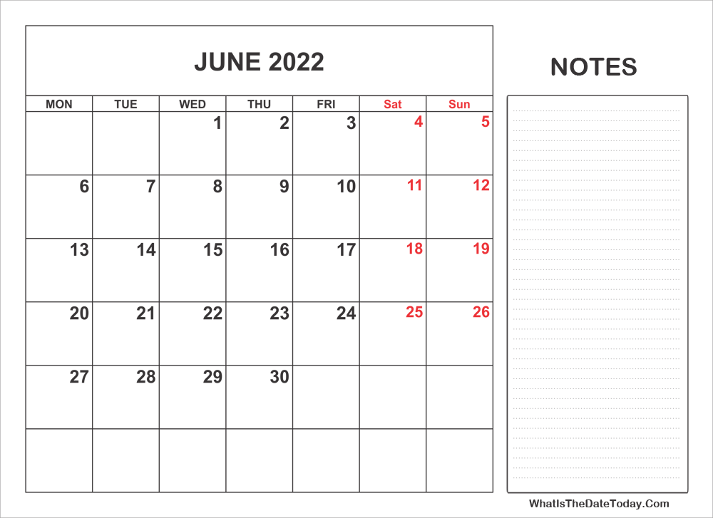 2022 printable june calendar with notes