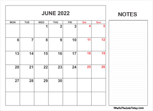 2022 printable june calendar with notes