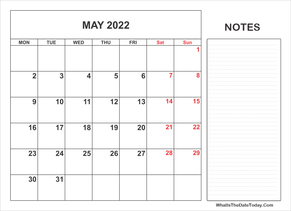2022 printable may calendar with notes