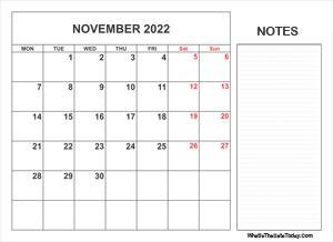 2022 printable november calendar with notes