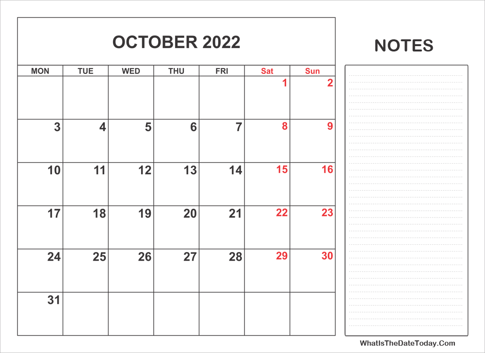 2022 printable october calendar with notes