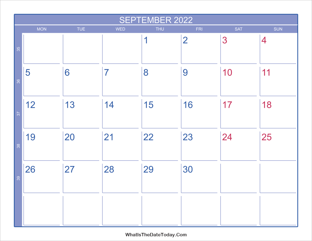 2022 september calendar with week numbers