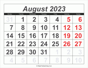 2023 calendar august with large numbers