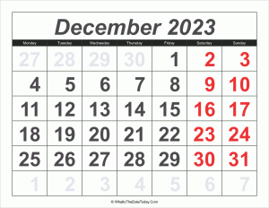 2023 calendar december with large numbers