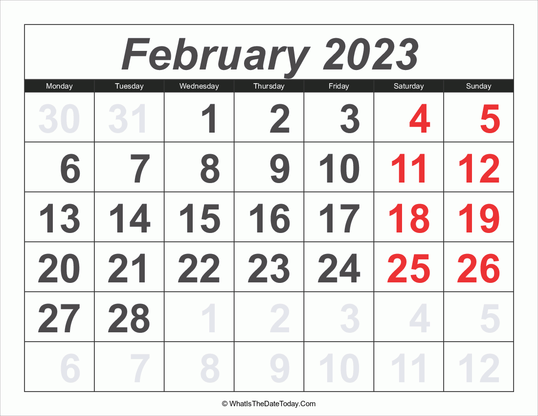 2023 calendar february with large numbers