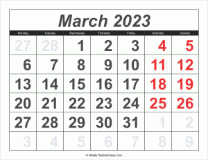 2023 calendar march with large numbers