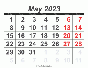 2023 calendar may with large numbers