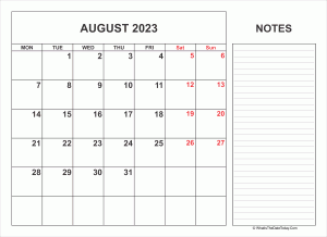 2023 printable august calendar with notes