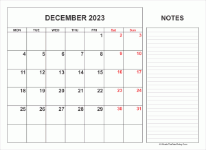 2023 printable december calendar with notes