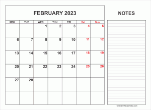 2023 printable february calendar with notes