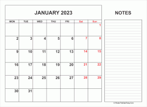 2023 printable january calendar with notes