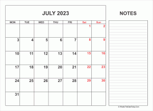 2023 printable july calendar with notes