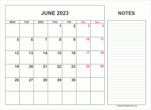 2023 printable june calendar with notes