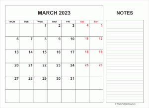 2023 printable march calendar with notes