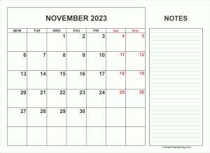 2023 printable november calendar with notes