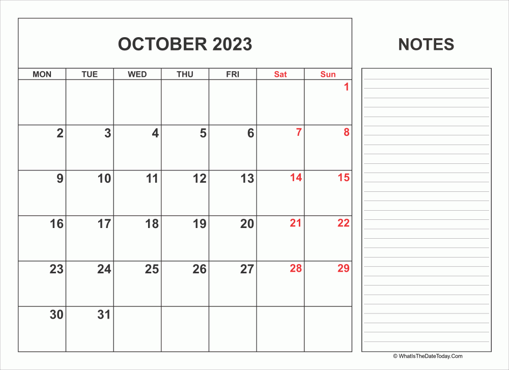 2023 printable october calendar with notes