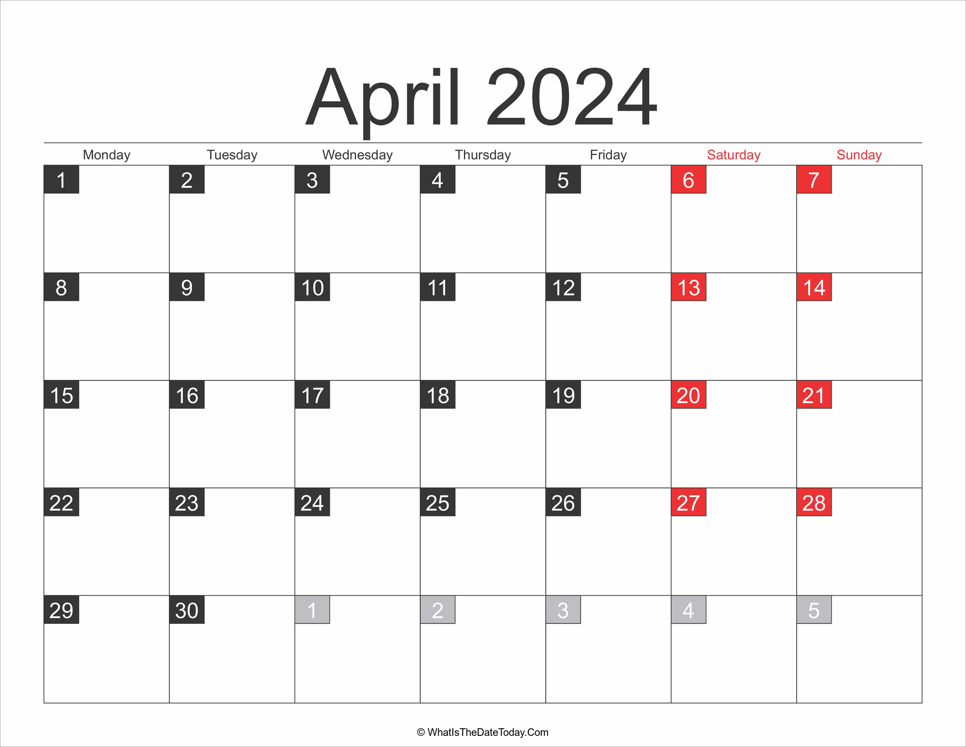 2024 April Calendar Printable Whatisthedatetodaycom