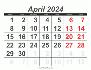 2024 calendar april with large numbers