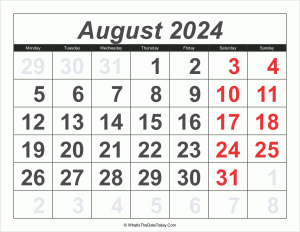 2024 calendar august with large numbers