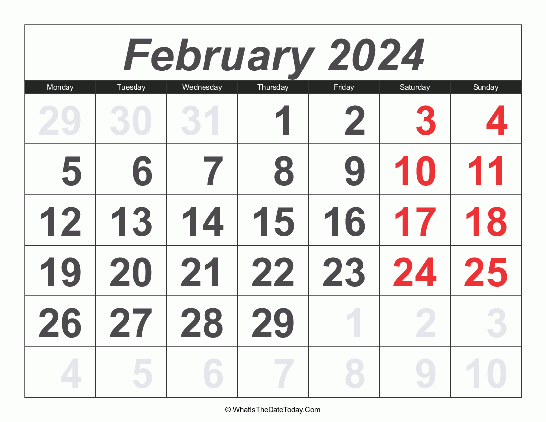 2024 calendar february with large numbers