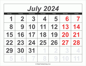 2024 calendar july with large numbers