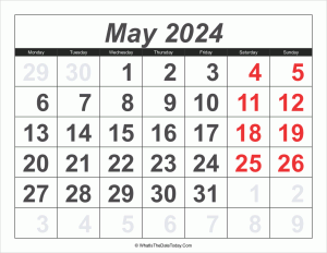 2024 calendar may with large numbers