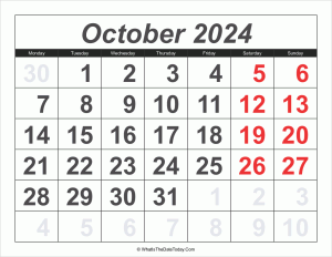 2024 calendar october with large numbers