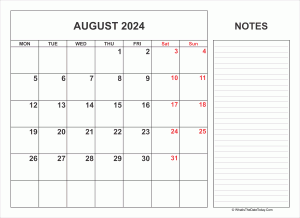 2024 printable august calendar with notes