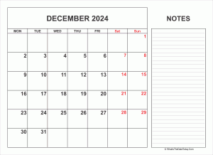 2024 printable december calendar with notes