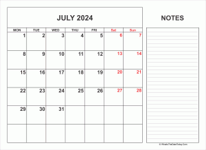 2024 printable july calendar with notes