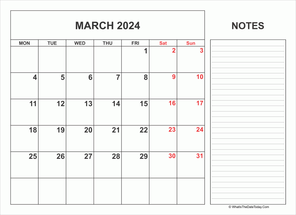 2024 printable march calendar with notes
