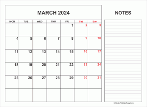 2024 printable march calendar with notes