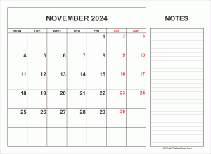 2024 printable november calendar with notes