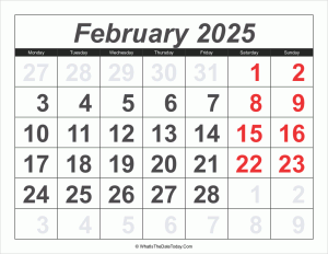 2025 calendar february with large numbers