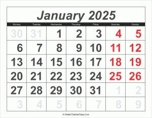 2025 calendar january with large numbers