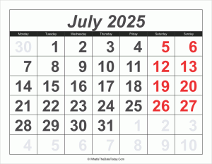 2025 calendar july with large numbers