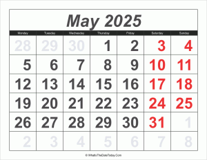 2025 calendar may with large numbers
