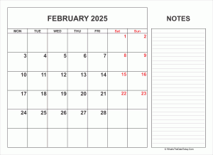 2025 printable february calendar with notes